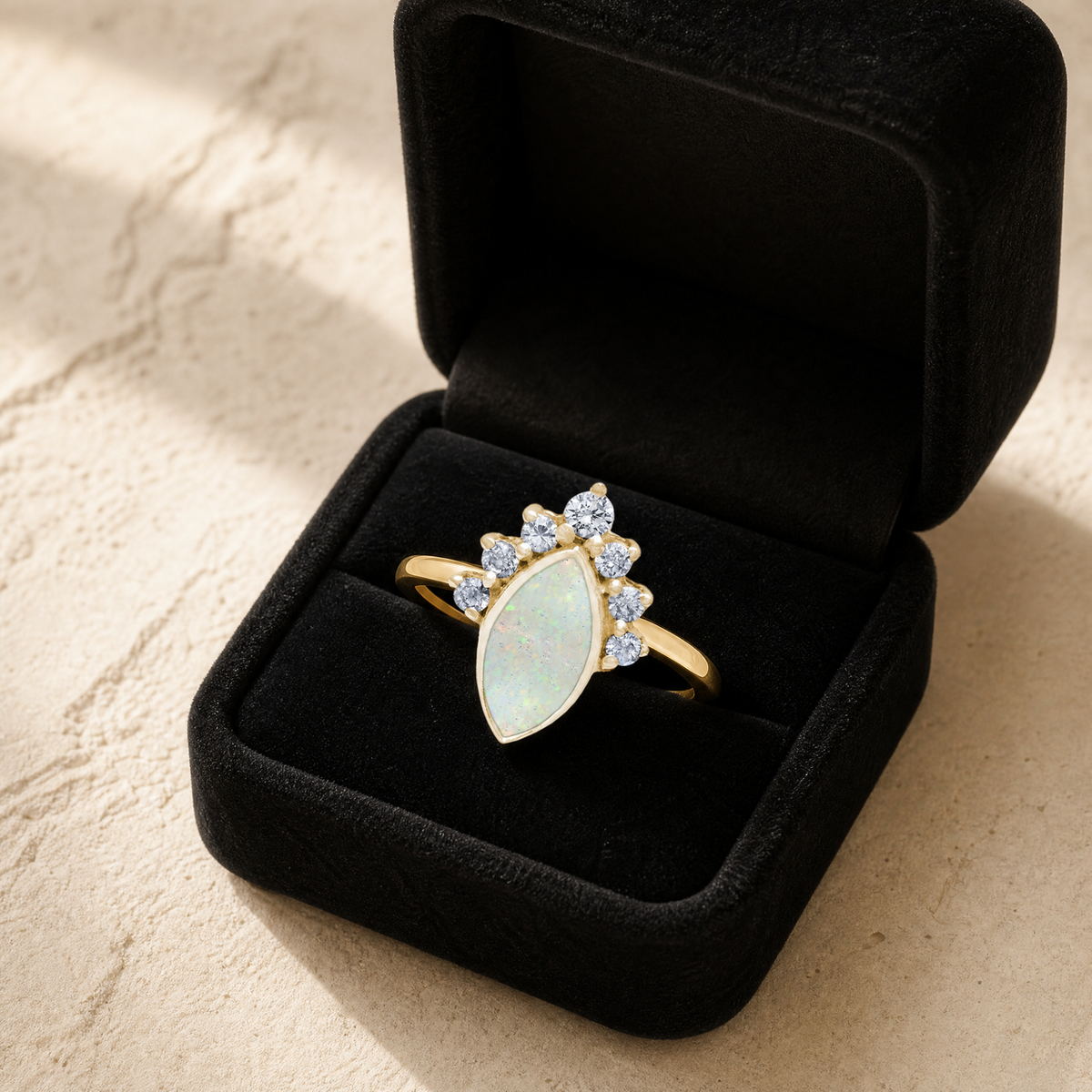 Solid 14K Gold Women's Lakeway Ash Ring with Crushed Cream Opal