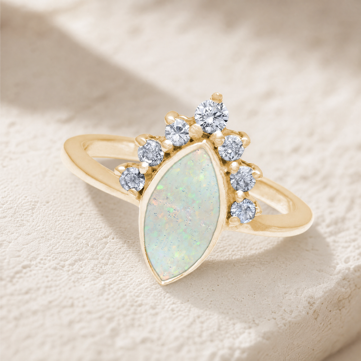Solid 14K Gold Women's Lakeway Ash Ring with Crushed Cream Opal