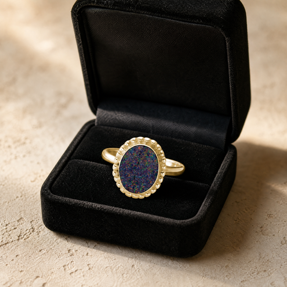 Solid 14K Gold Women's Bethany Ash Ring with Black Flame Opal