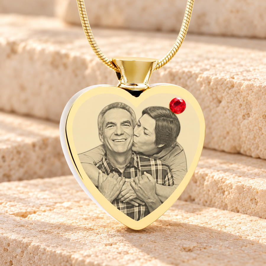 Birthstone Heart Gold Plated July Photo Engraved Ash Pendant