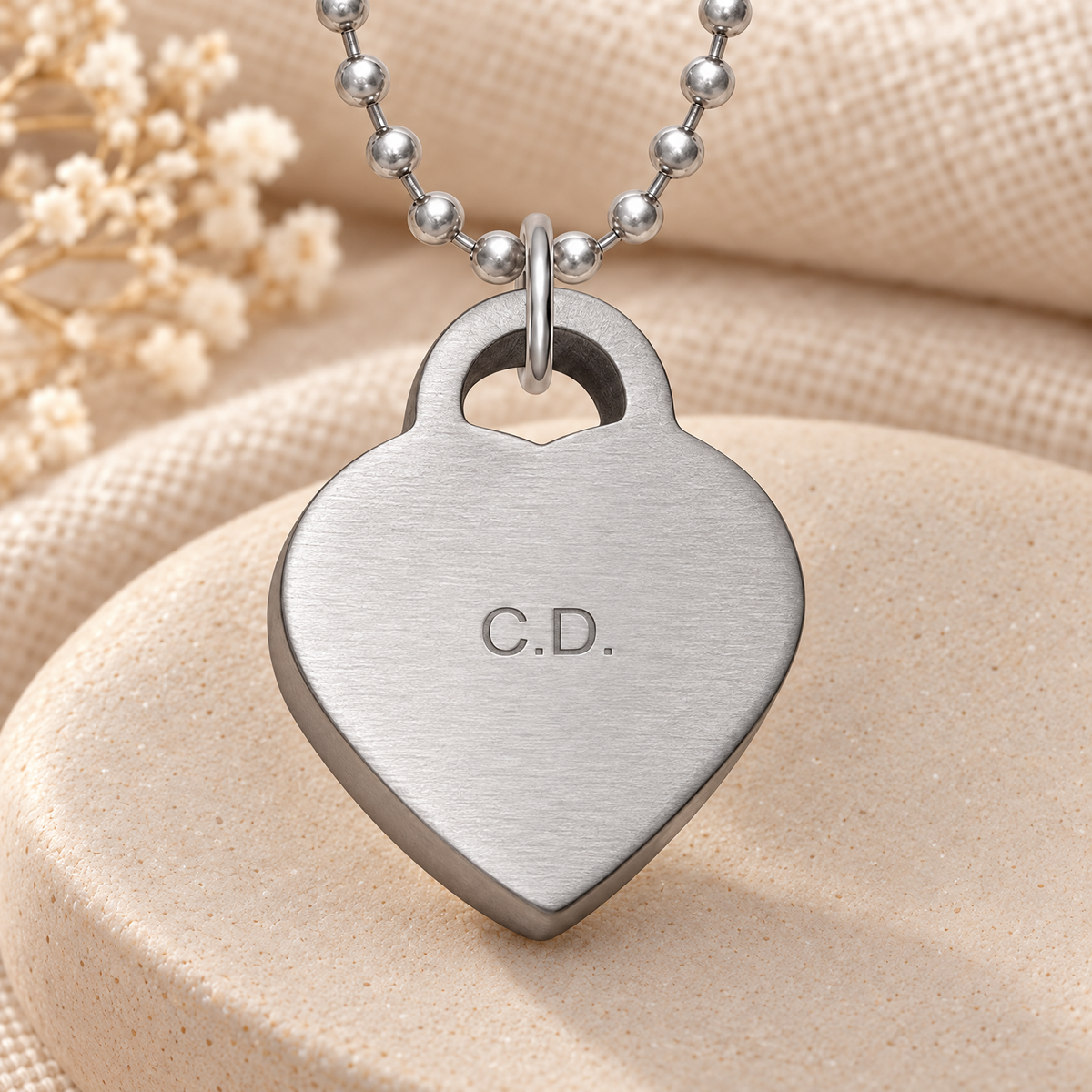 Brushed Thick Stainless Steel Small Heart Fingerprint Necklace — rear engraving — evr4894fp