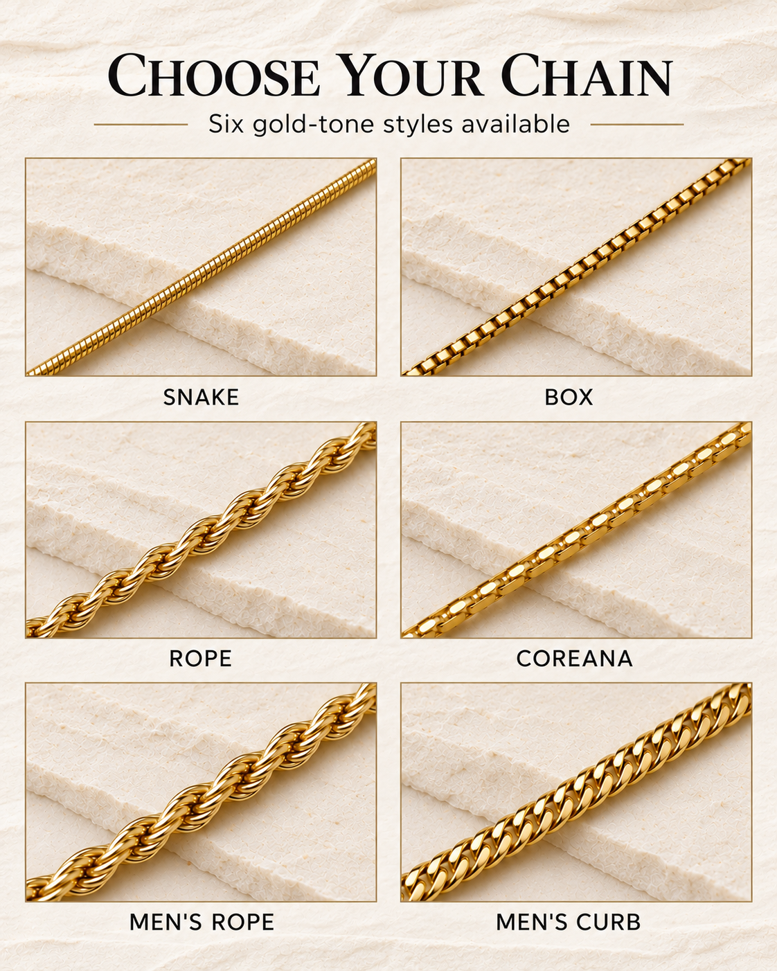 EVR gold chain options — snake, box, rope, coreana, men’s rope and men’s curb