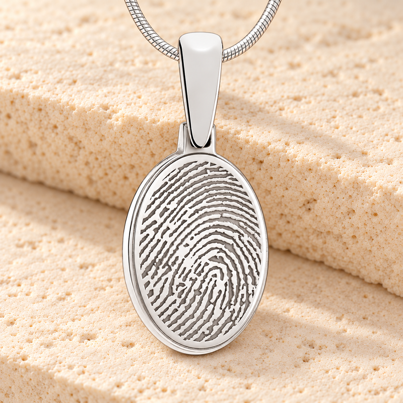 Solid 14k White Gold Oval Fingerprint Necklace