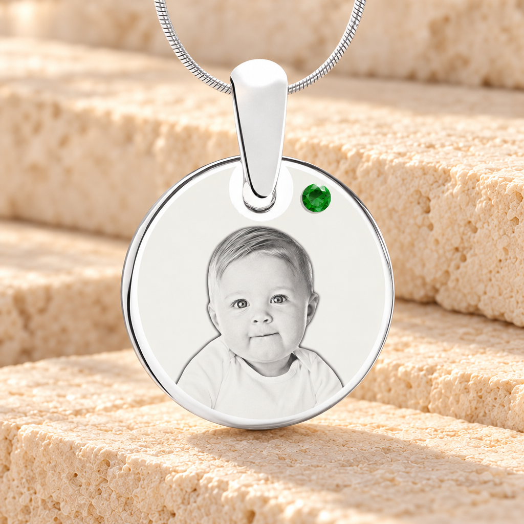 Birthstone Round May Photo Engraved Stainless Keepsake — main product image