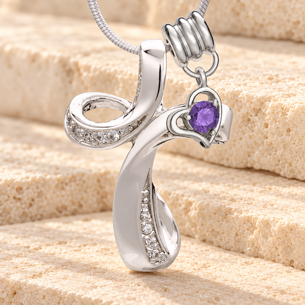 Silver February Forever Cross Cremation Jewelry — main — evr6468feb