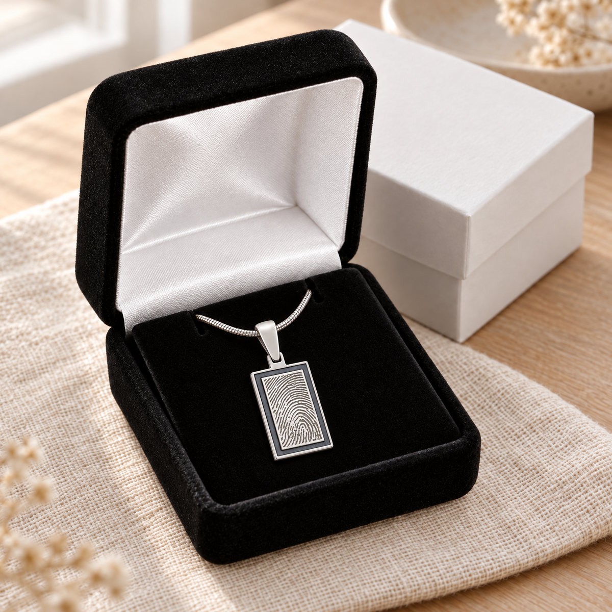 Sterling Silver Argentine Gray Framed Rectangle Fingerprint Necklace — gift box — evr4803s-121