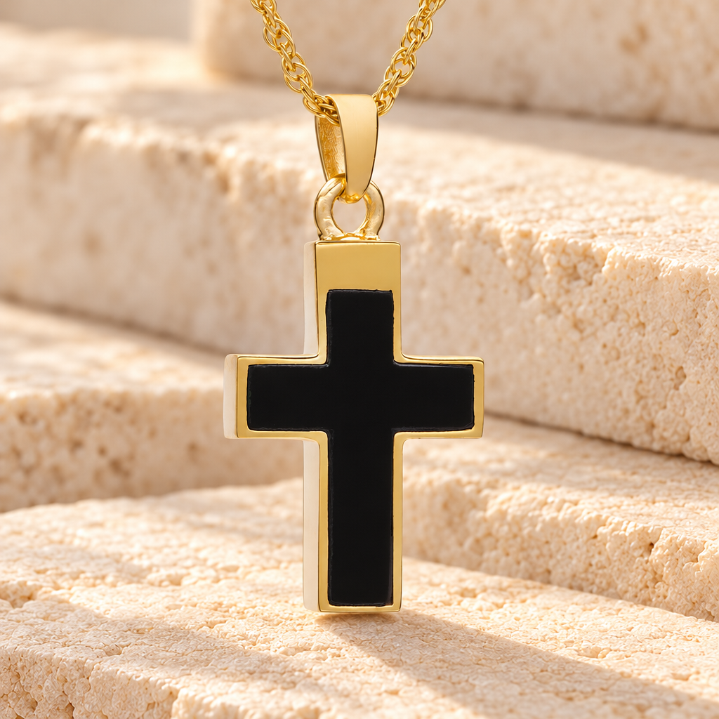 14K Gold Plated Cross with Onyx Stone Funeral Jewelry — main — evr174gv