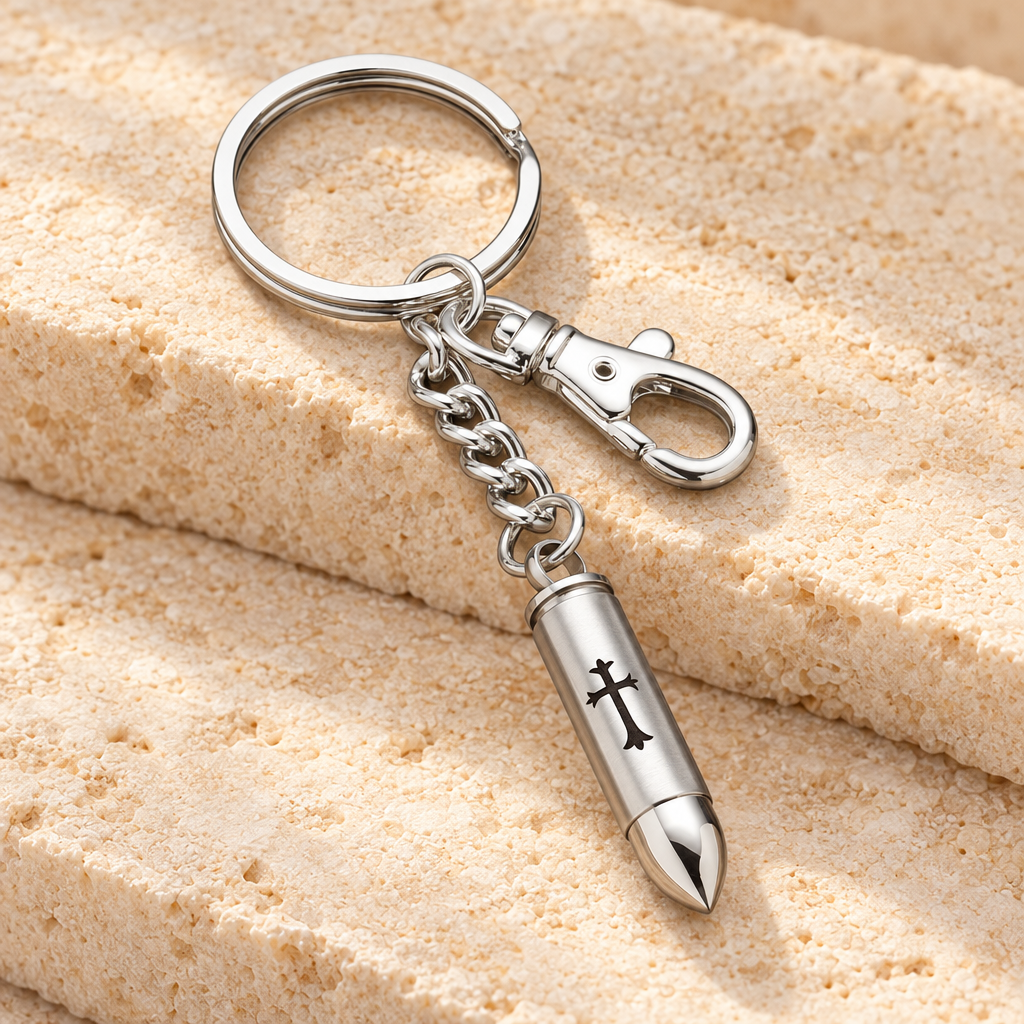 357 Magnum Bullet with Cross Urn Keychain Cremation Urn Keepsake — main — evr774