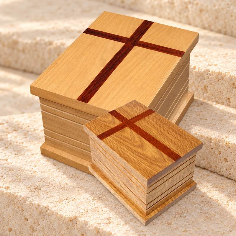 Christian Oak & Mahogany Urns