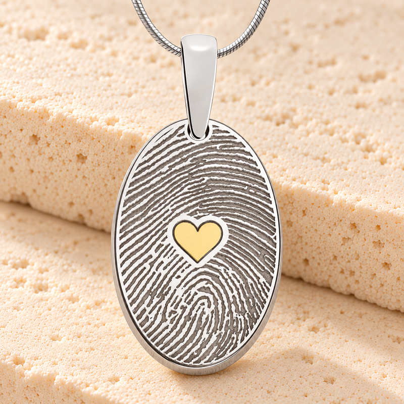 Solid 14k White Gold Loved Oval with Gold Plated Heart Fingerprint Necklace