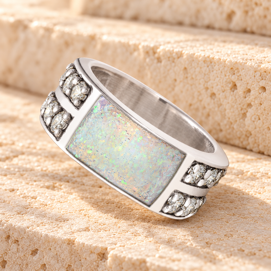 Men's Sterling Silver Yellowstone Ash Ring with Crushed Cream Opal
