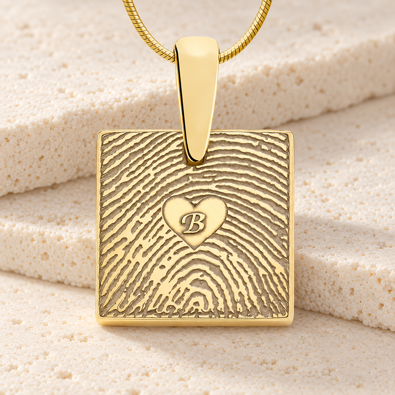 Solid 14k Gold Initial Square Fingerprint Necklace