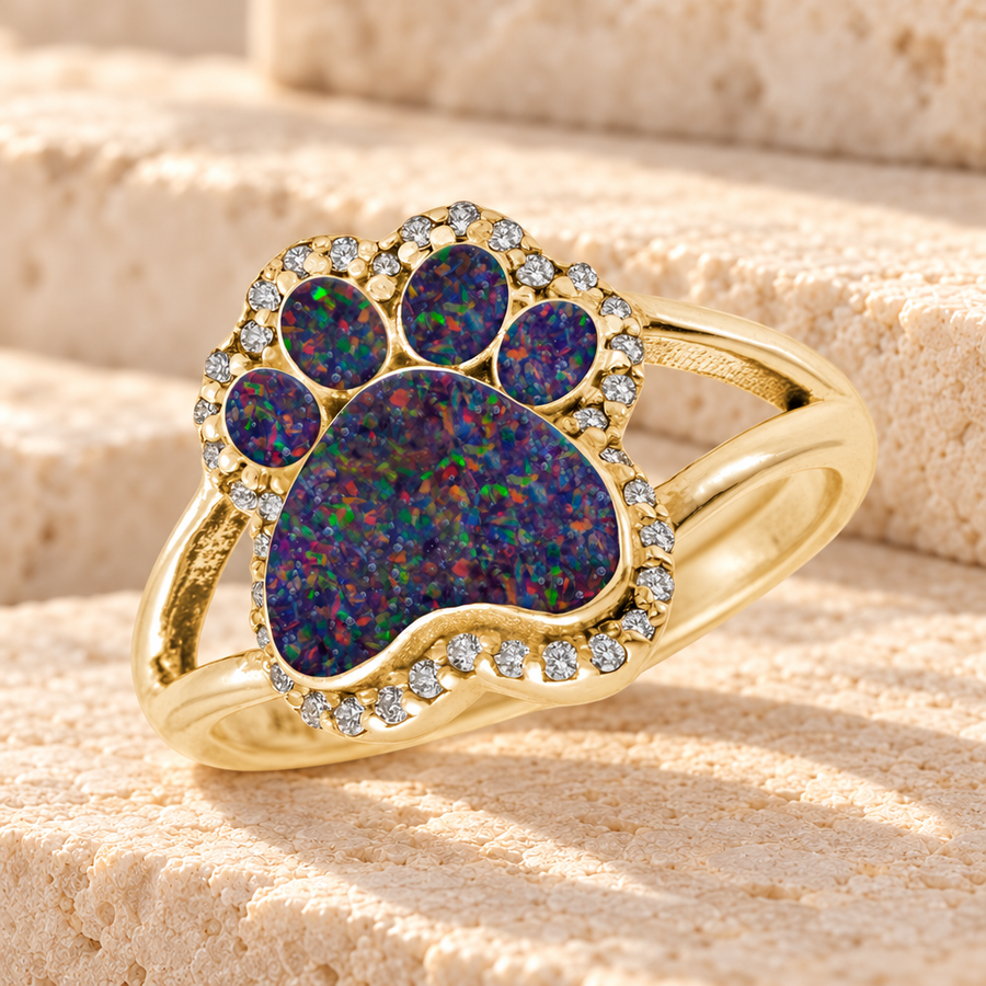 Solid 14K Gold Women's Paw Print Ash Ring with Black Flame Opal