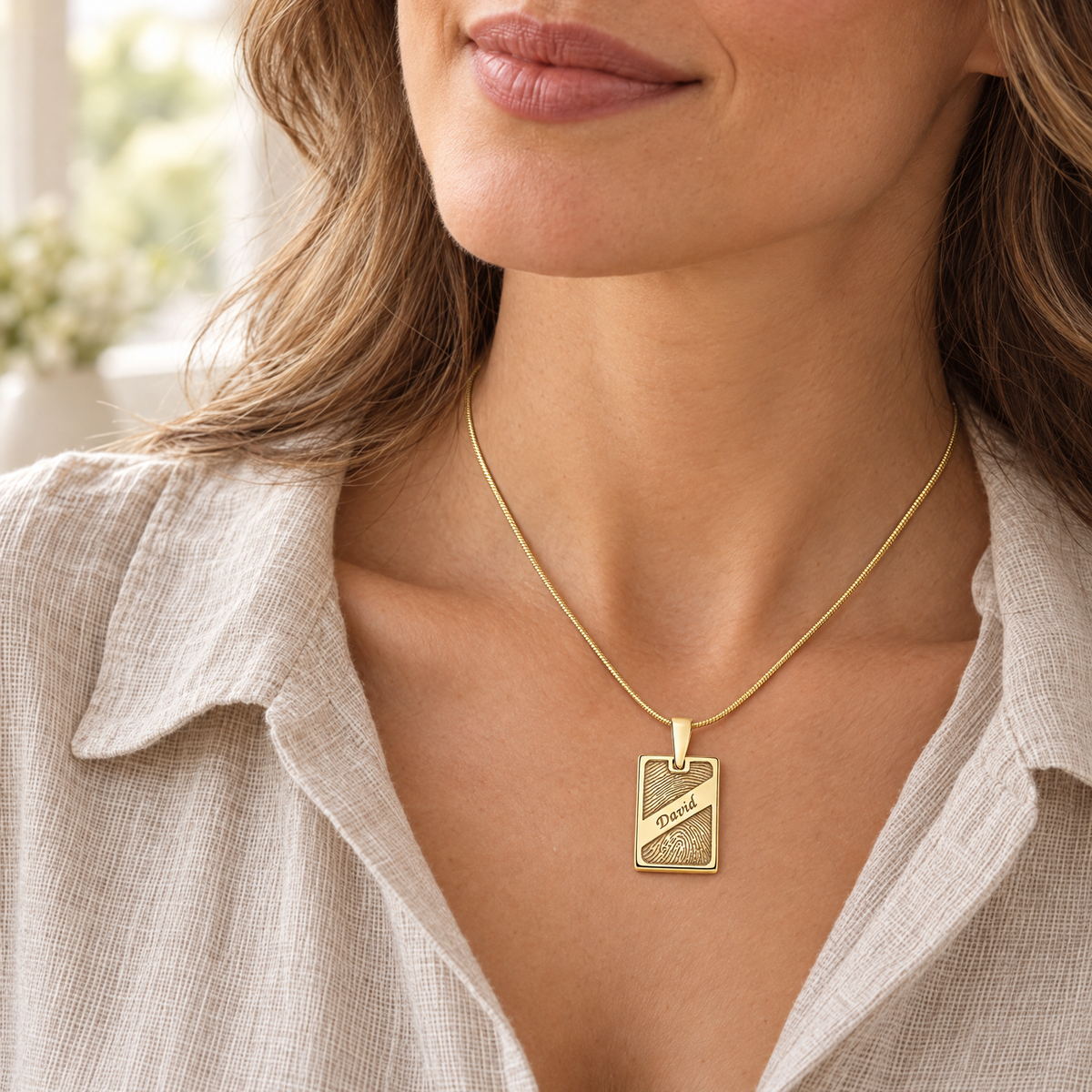 Gold Plated Sterling Silver Memorial Rectangle Fingerprint Necklace — lifestyle — evr4834g
