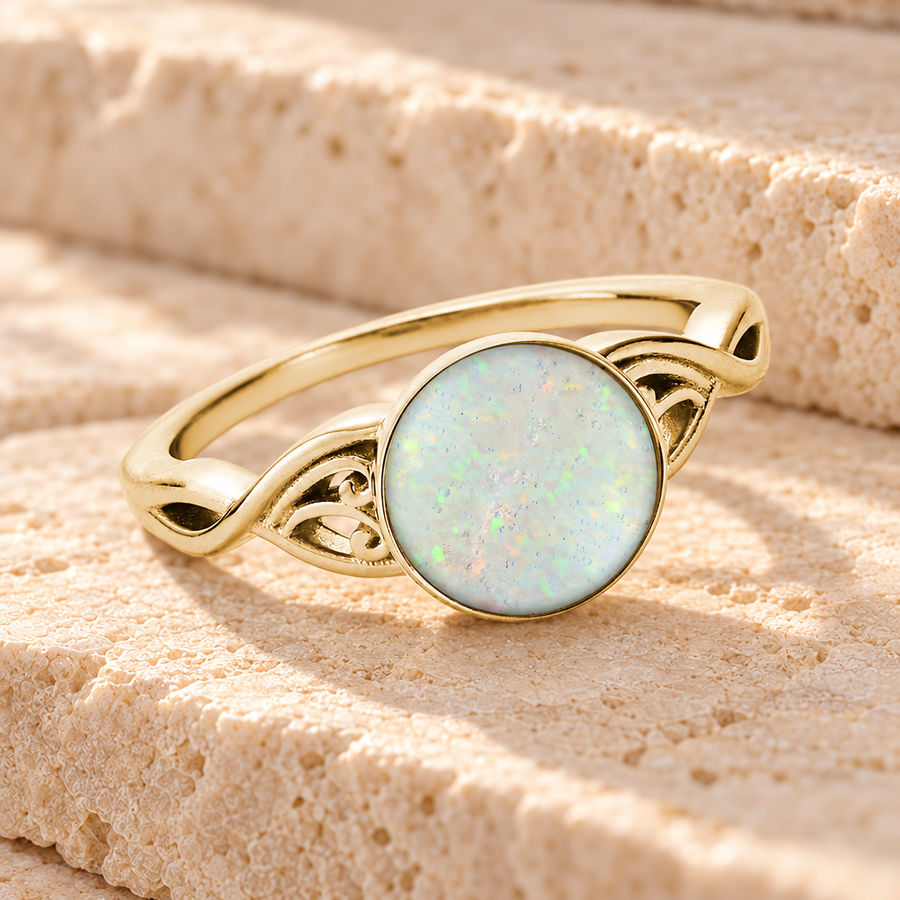 Solid 14K Gold Women's Katina Ash Ring with Crushed Cream Opal