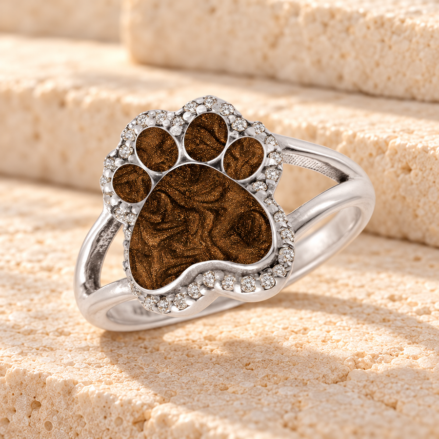 Women's Sterling Silver Paw Print Ash Ring with Carob