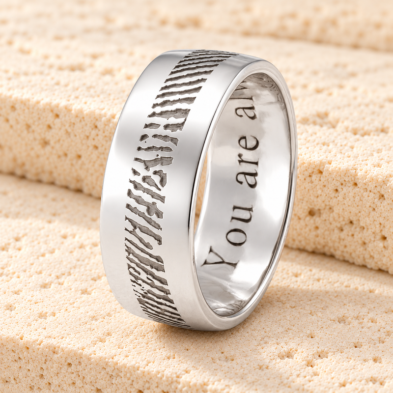 Men's Slender Line Solid 14k White Gold Fingerprint Ring