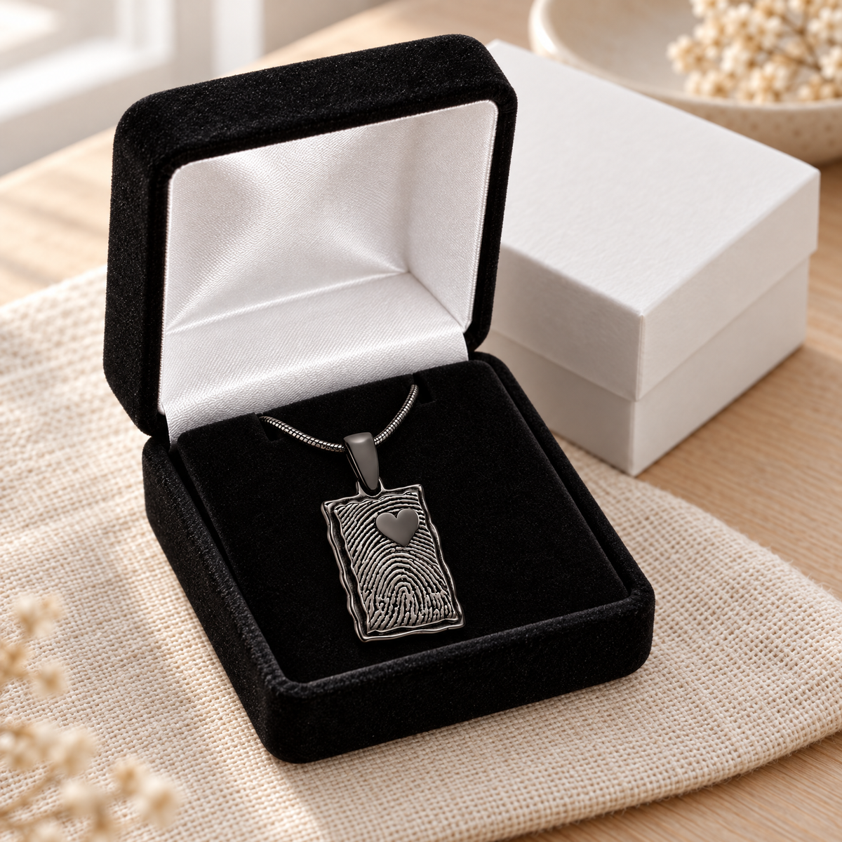 Black Plated Loved Rectangle Fingerprint Necklace — gift box — evr4712bl