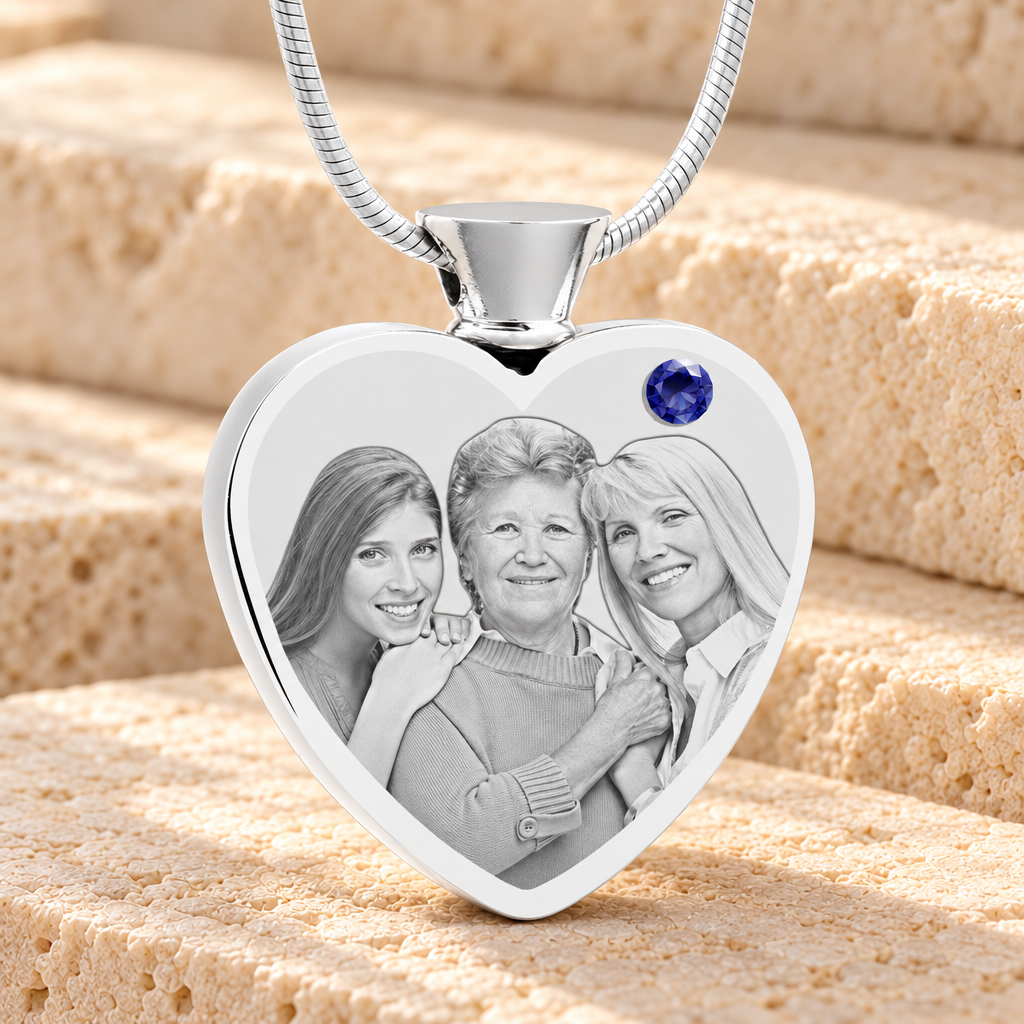 September Birthstone Heart Stainless Steel Picture Engraved Ash Pendant — main product image