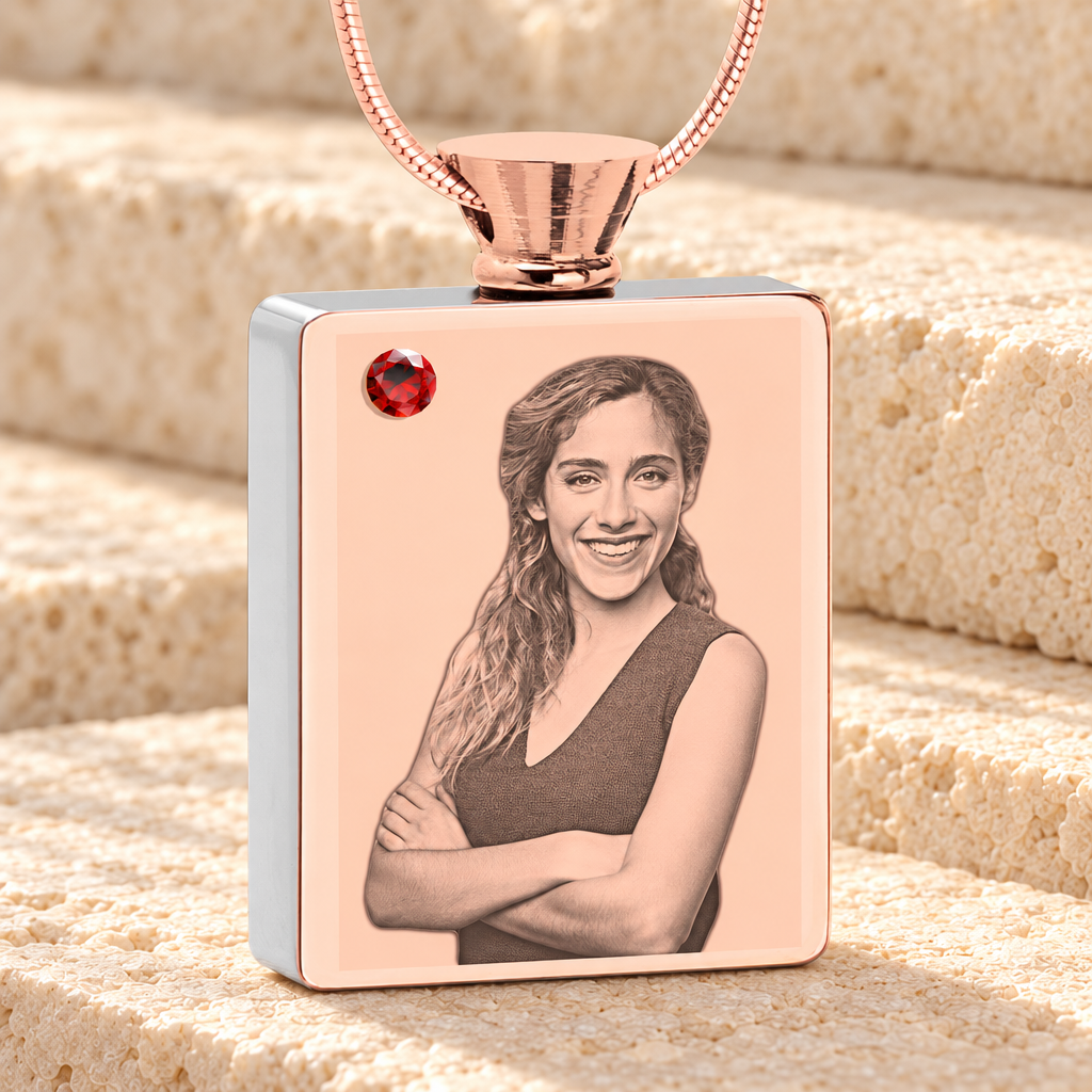 January Birthstone Rectangle Rose Gold Plated Photo Engraved Ash Pendant — main product image