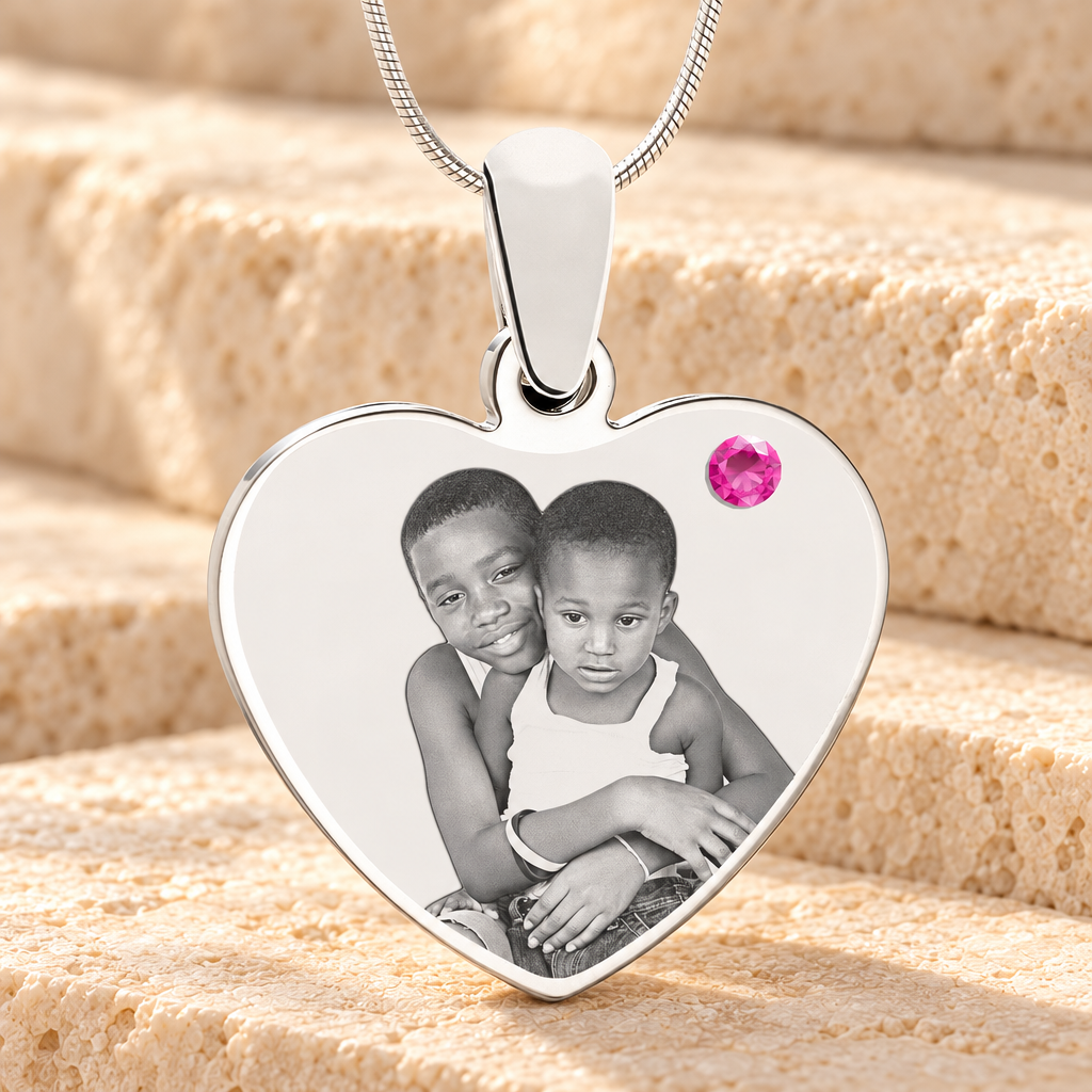October Birthstone Heart Photo Engraved Stainless Keepsake — main product image