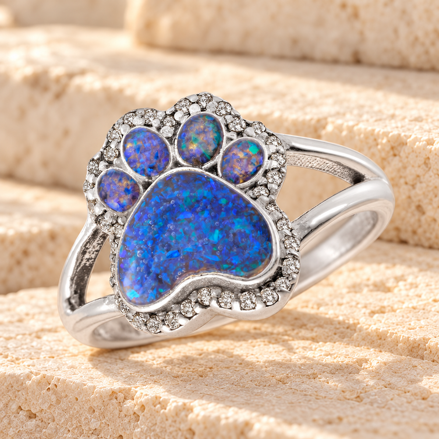 Women's Sterling Silver Paw Print Ash Ring with Opal Blue Waters