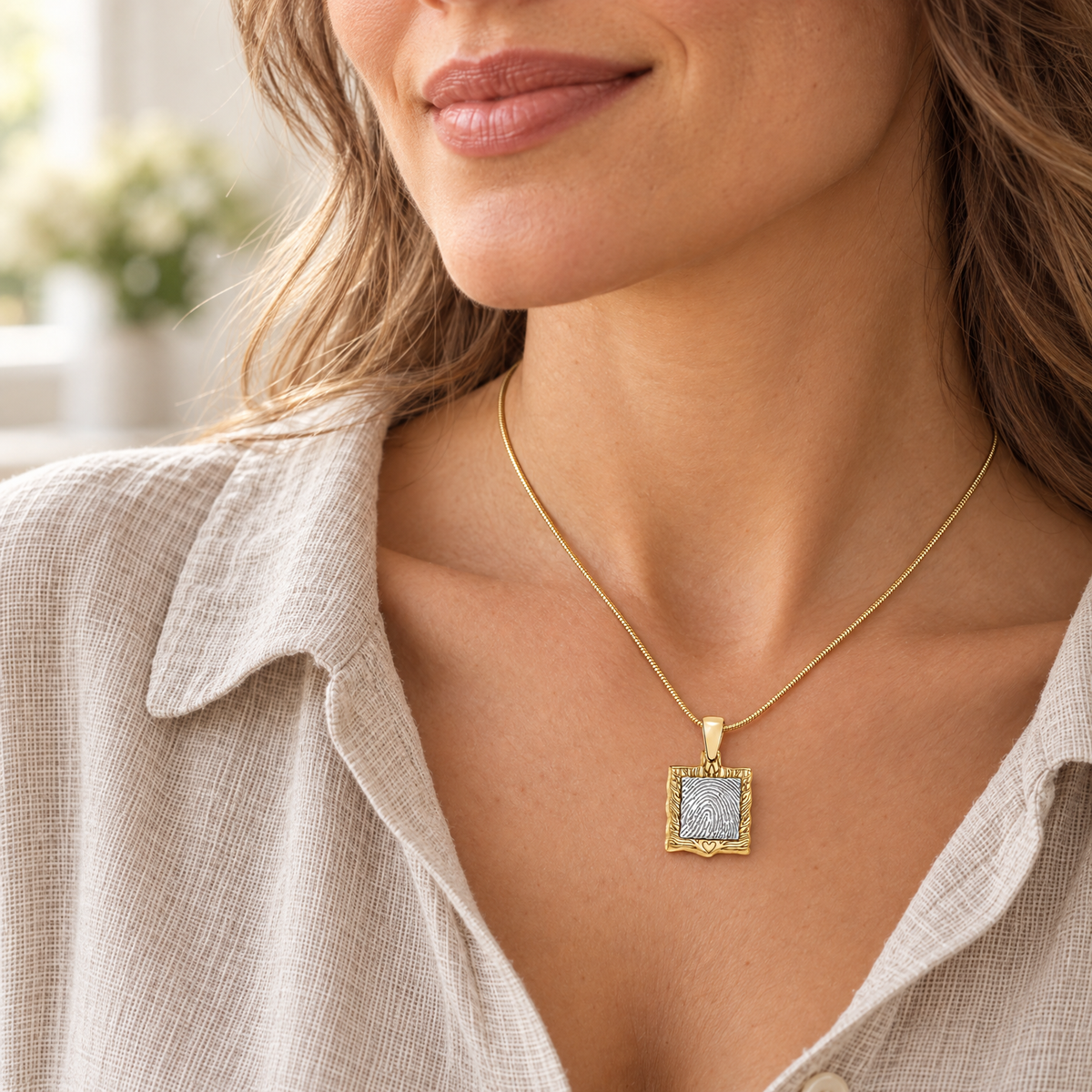 Squared Gold Frame Fingerprint Necklace — lifestyle — evr4734g