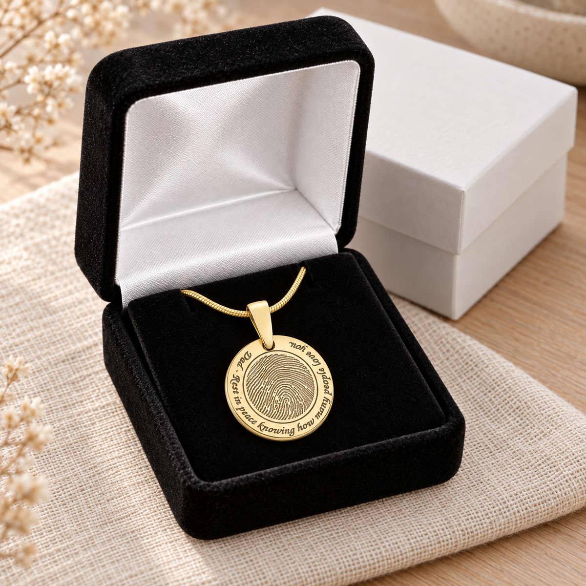 Solid 14k Gold  Eternal Round Fingerprint Necklace — gift box — evr4825kg