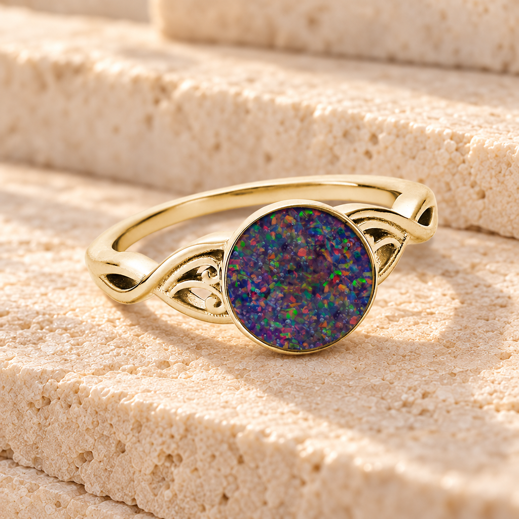 Solid 14K Gold Women's Katina Ash Ring with Black Flame Opal — main product image