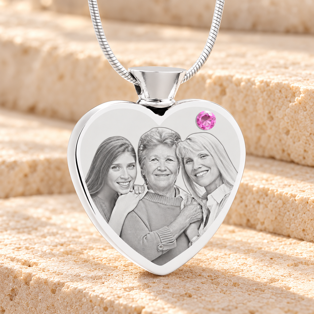 June Birthstone Heart Stainless Steel Picture Engraved Ash Pendant — main product image