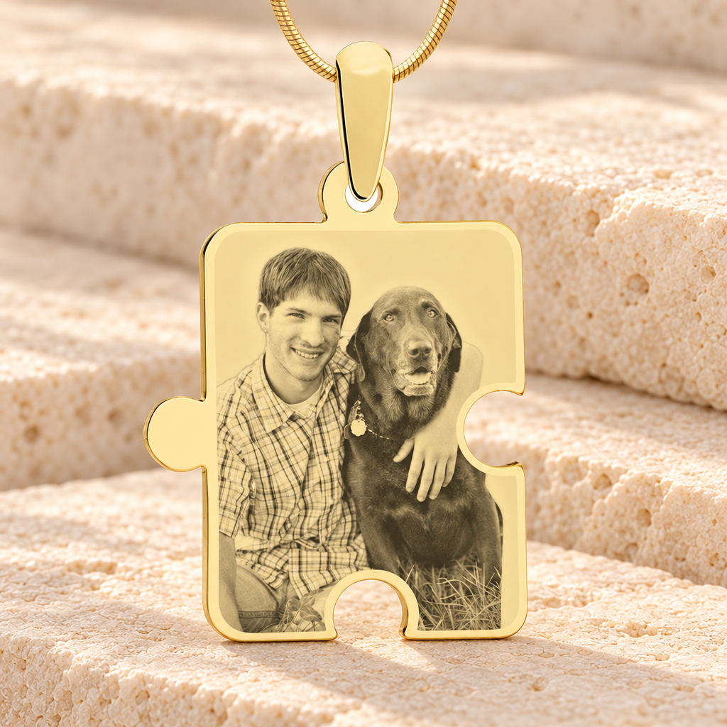 Large Puzzle Piece Photo Engraved Gold Plated Pet Keepsake — main — evr6561g