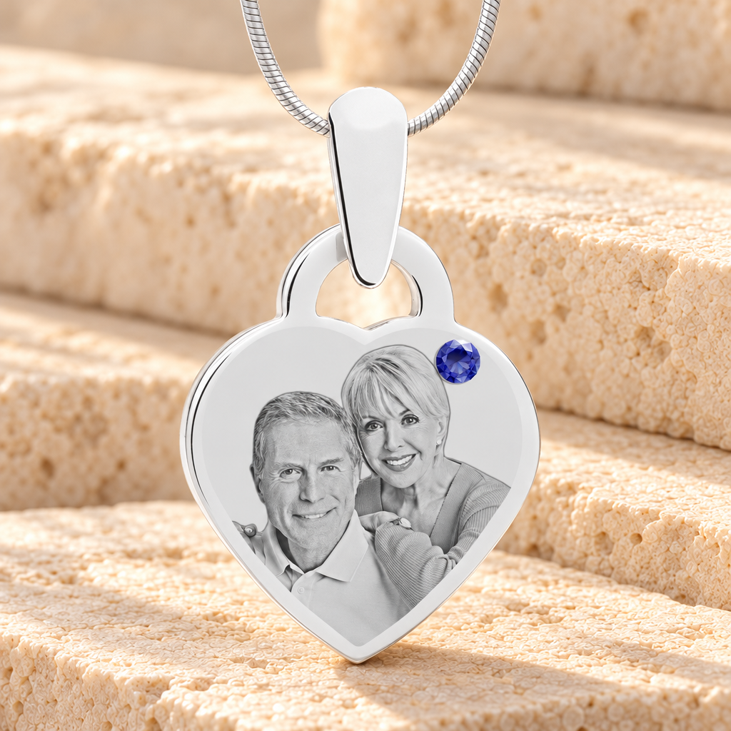 Birthstone Small Heart September Picture Engraved Stainless Keepsake — main product image