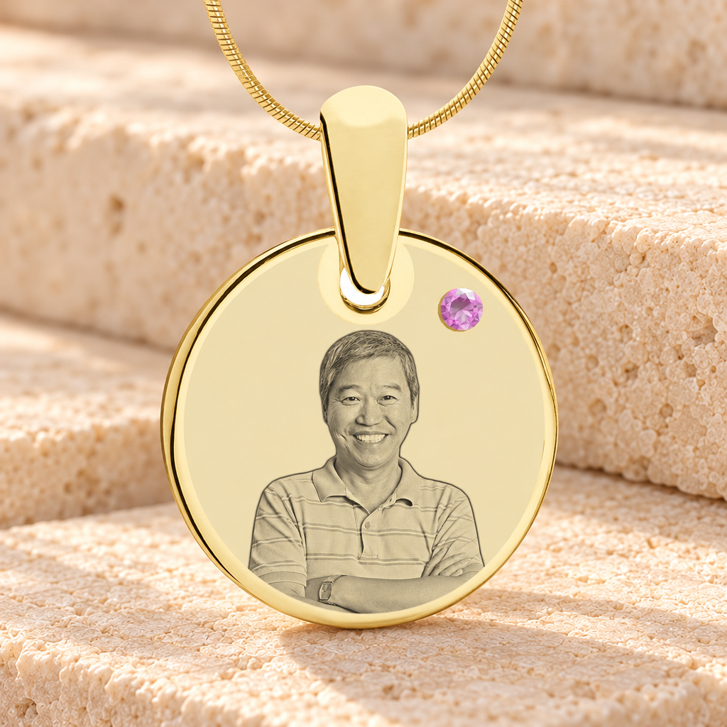 Birthstone Round June Photo Engraved Gold Plated over Stainless Keepsake — main product image