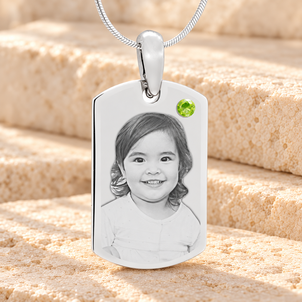 Birthstone Small Dog Tag August Stainless Steel Photo Pendant — main product image