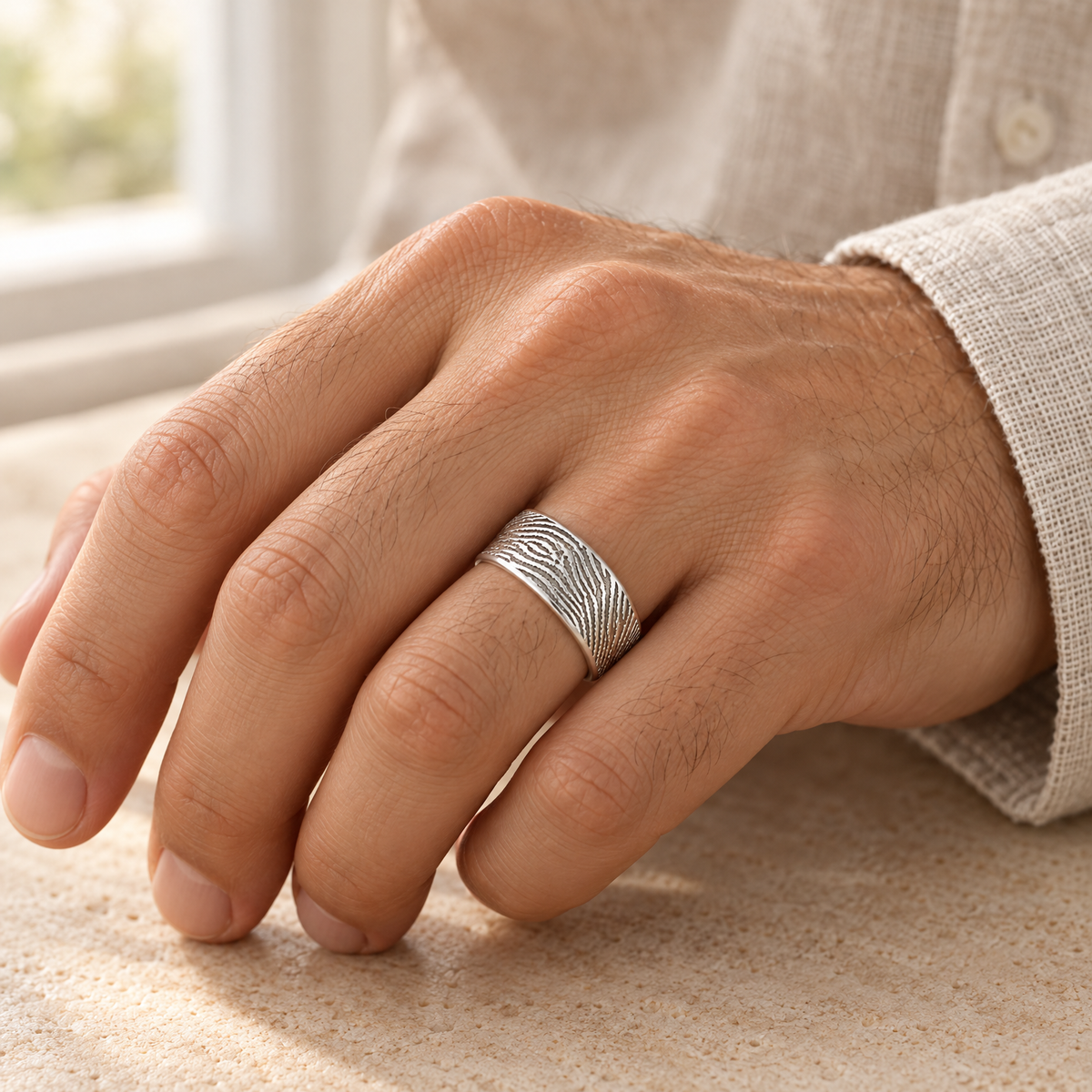 Men's Standard Solid 14k White Gold Fingerprint Ring — lifestyle — evr30001wg