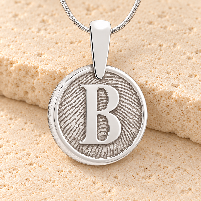 Solid 14k White Gold Monogram Round Fingerprint Necklace