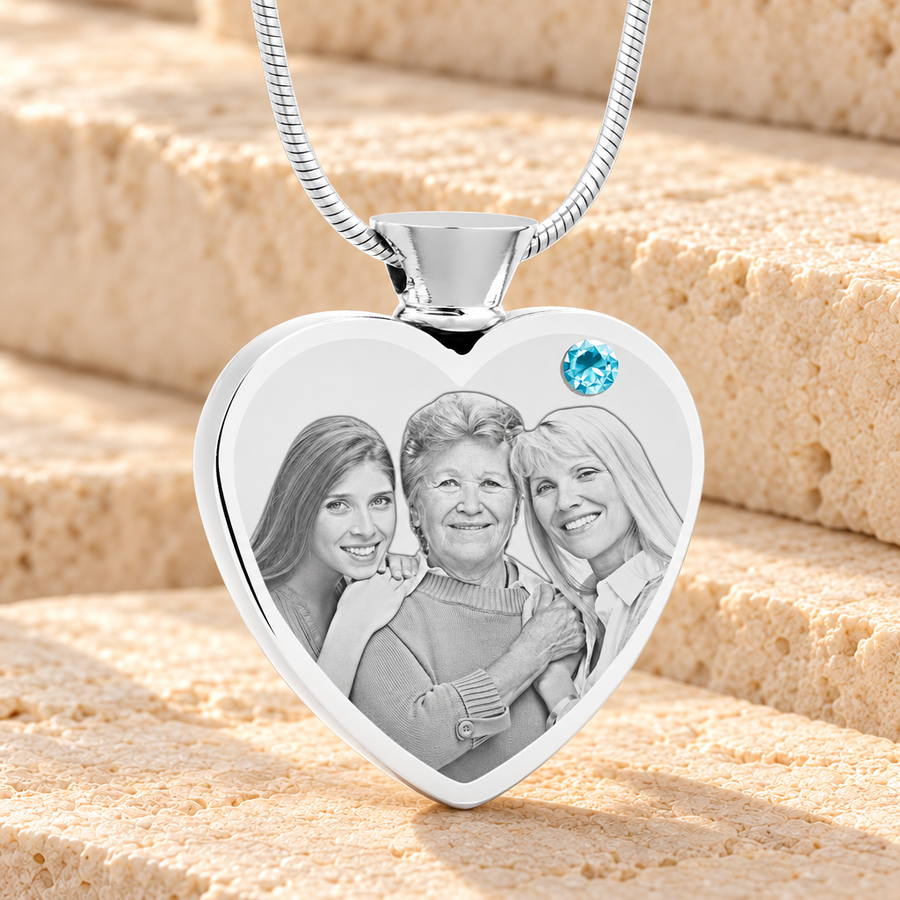March Birthstone Heart Stainless Steel Picture Engraved Ash Pendant