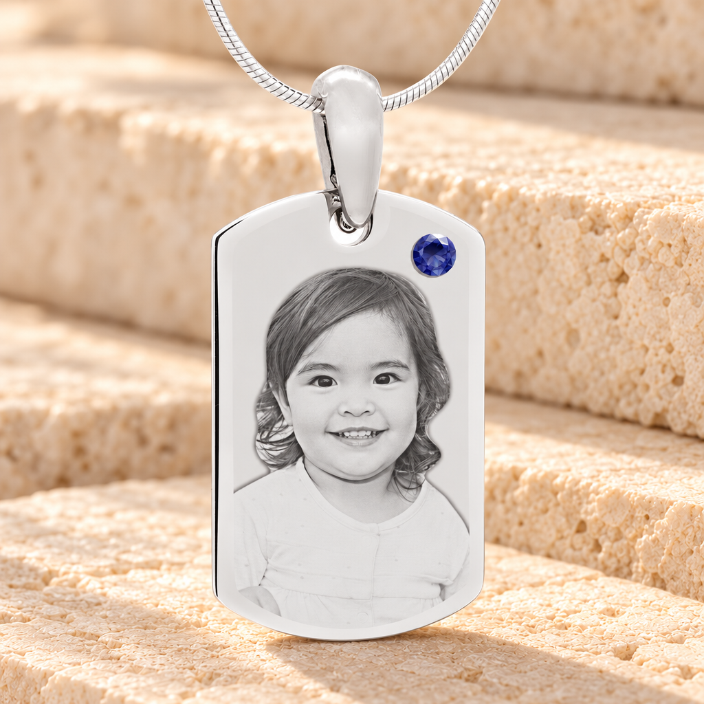 Birthstone Small Dog Tag September Stainless Steel Photo Pendant — main product image