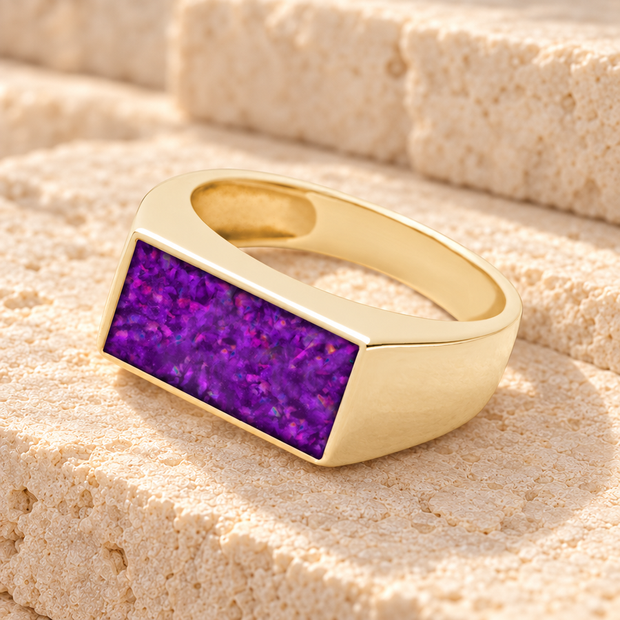 Solid 14K Gold Men's Drexel Ash Ring with Lilac Pearl Opal