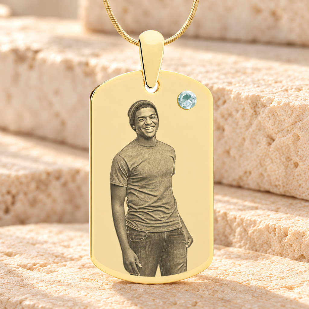 Birthstone Large Dog Tag April Photo Engraved Gold Plated over Stainless Keepsake — main product image