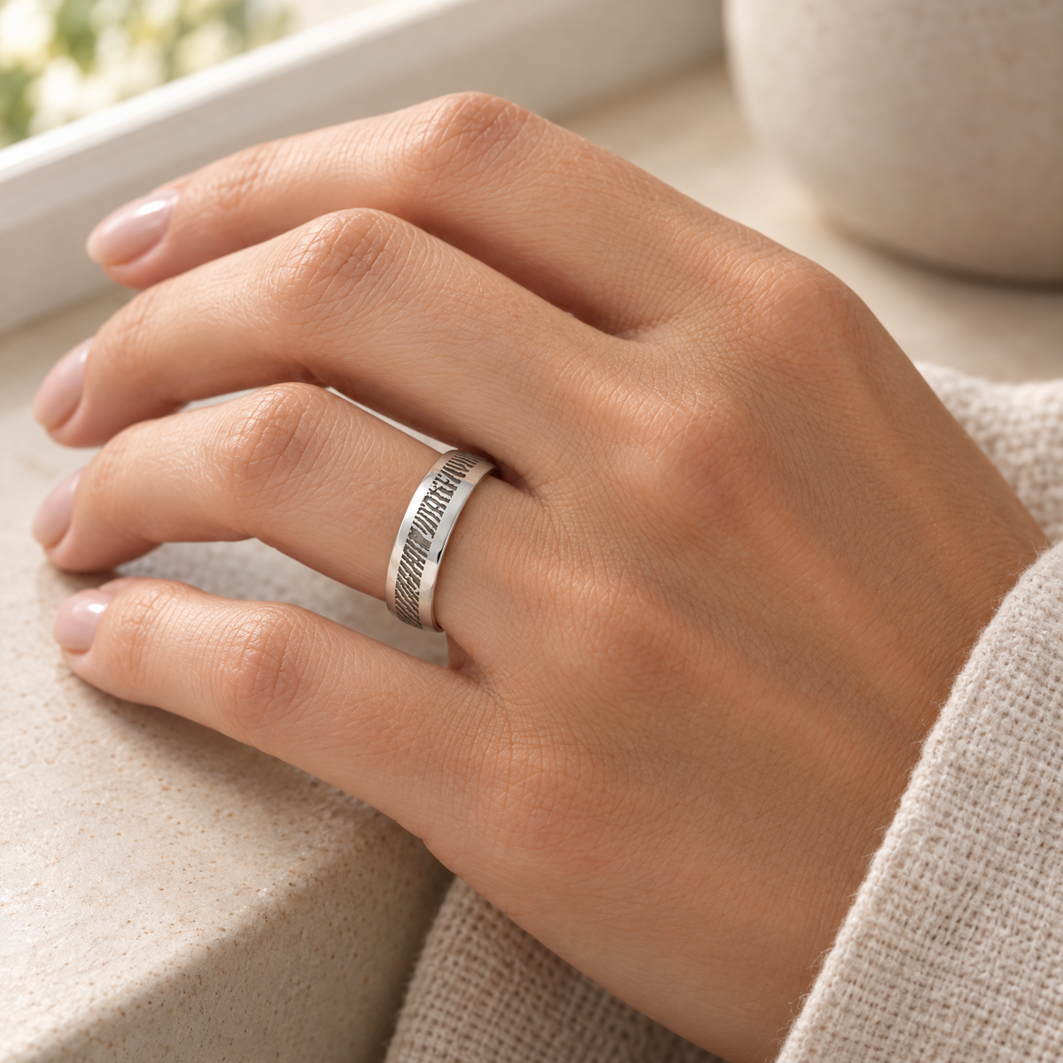 Women's Slender Line Solid 14k White Gold Fingerprint Ring — lifestyle — evr30002wg