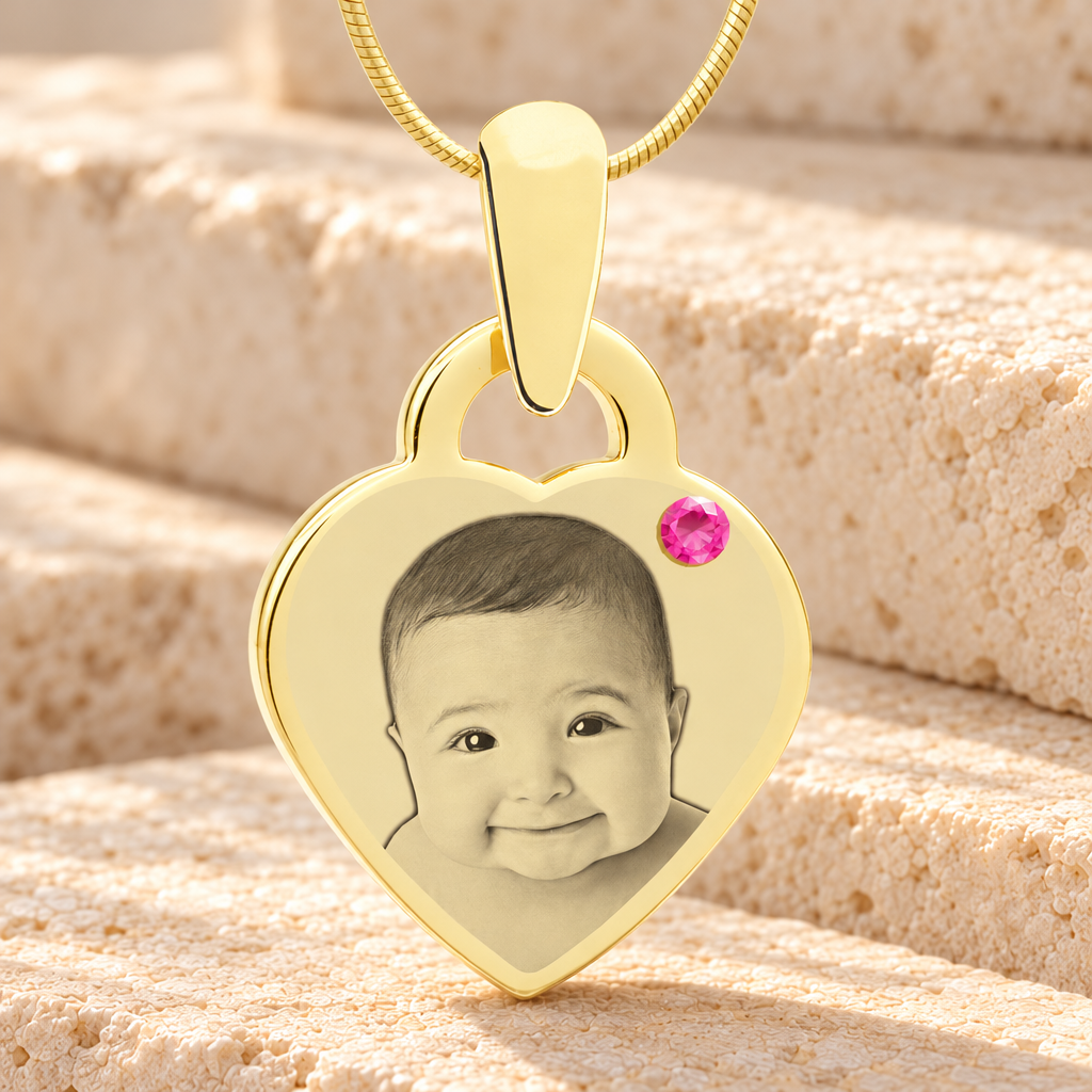 Birthstone Small Heart October Photo Engraved Gold Plated over Stainless Keepsake — main product image