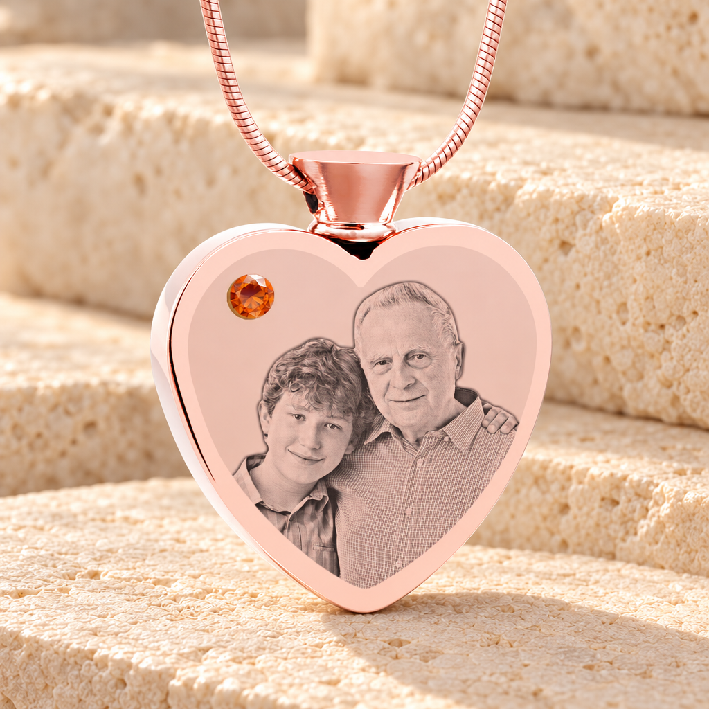 November Birthstone Heart Rose Gold Plated Picture Engraved Ash Pendant — main product image