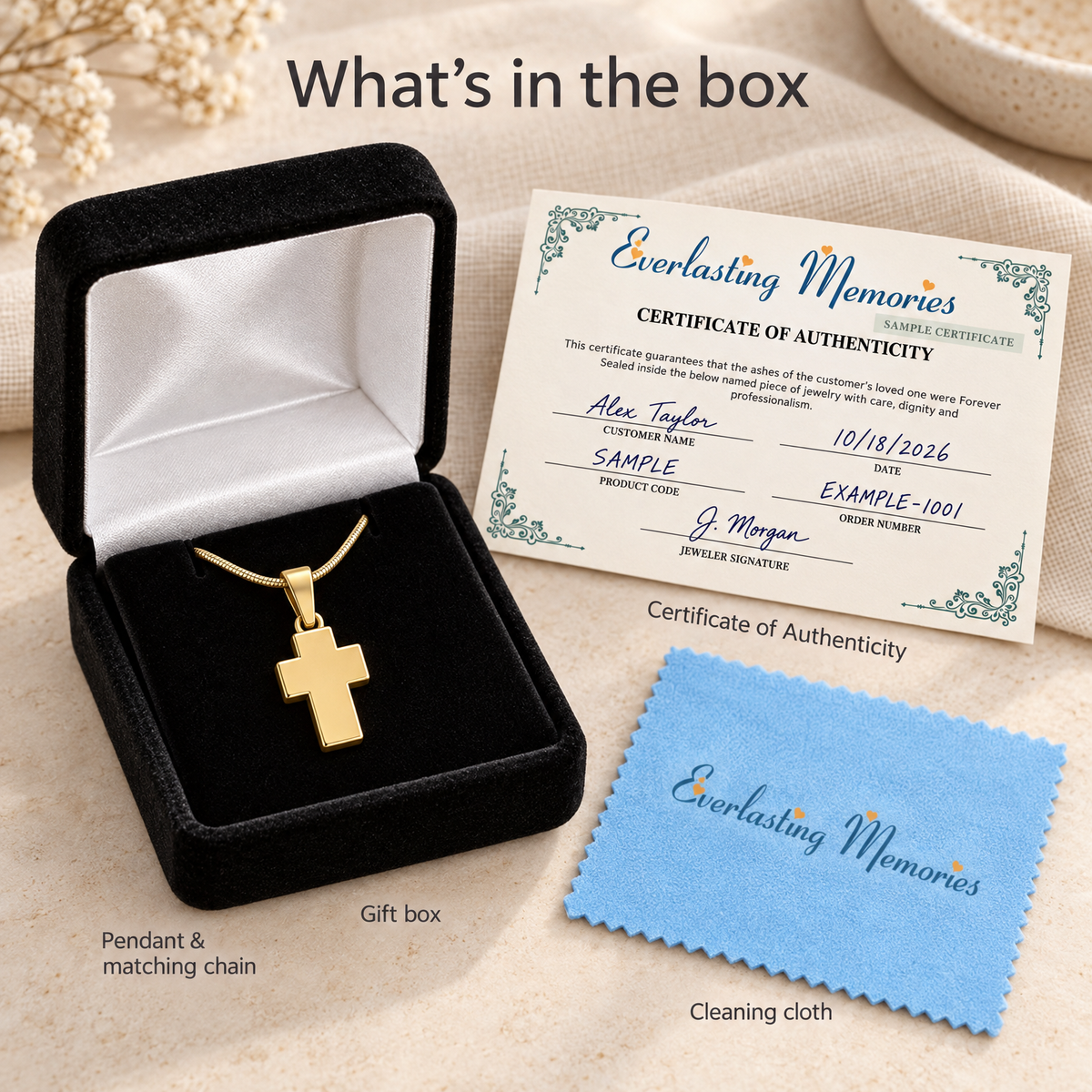 Gold Plated Faithful Cross Forever Sealed Cremation Jewelry — whats in box — evr6452gfs
