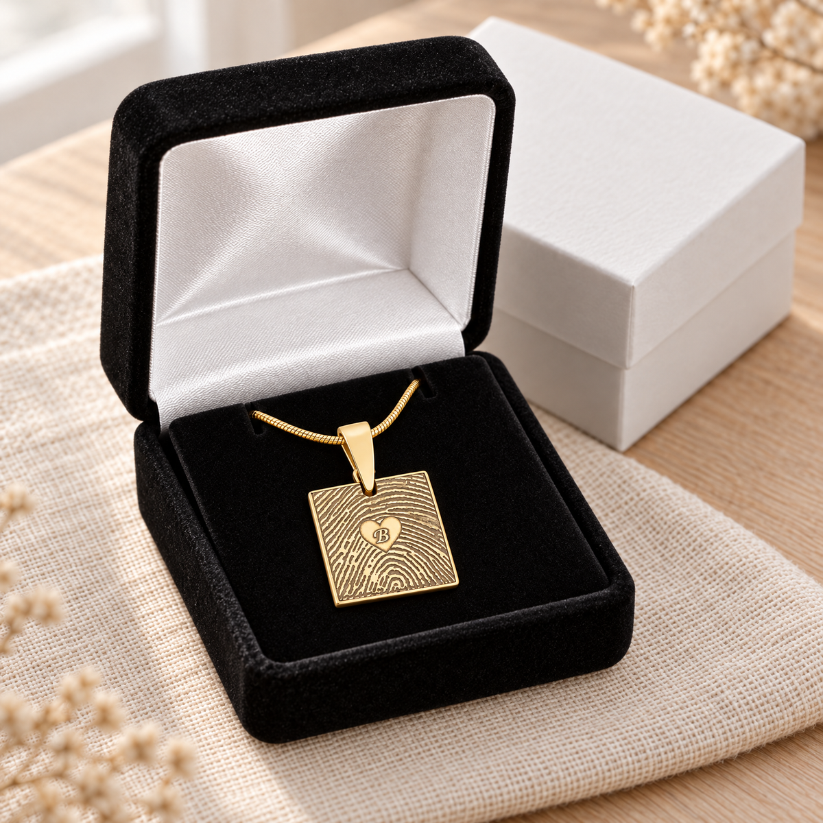 Gold Plated Sterling Silver Initial Square Fingerprint Necklace — gift box — evr4829g