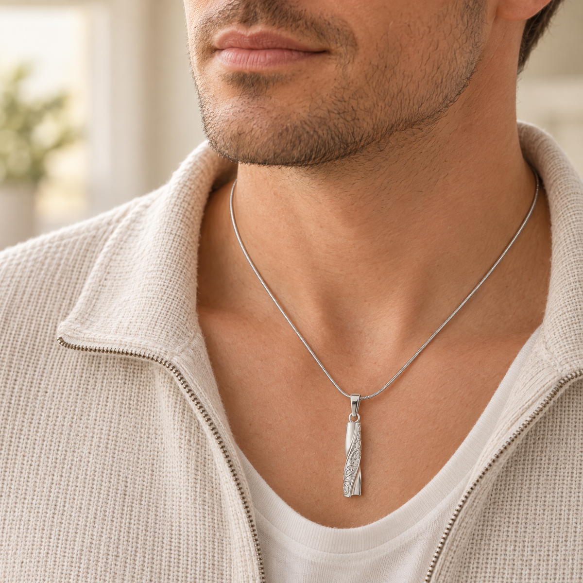 Solid 14K White Gold Twisted Cylinder Forever Sealed Cremation Jewelry — lifestyle — evr6629wgfs