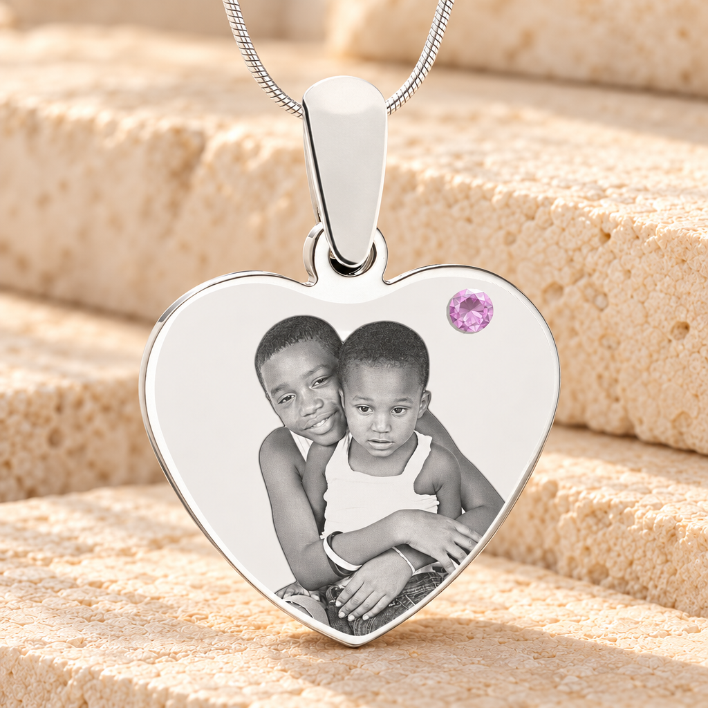 June Birthstone Heart Photo Engraved Stainless Keepsake — main product image