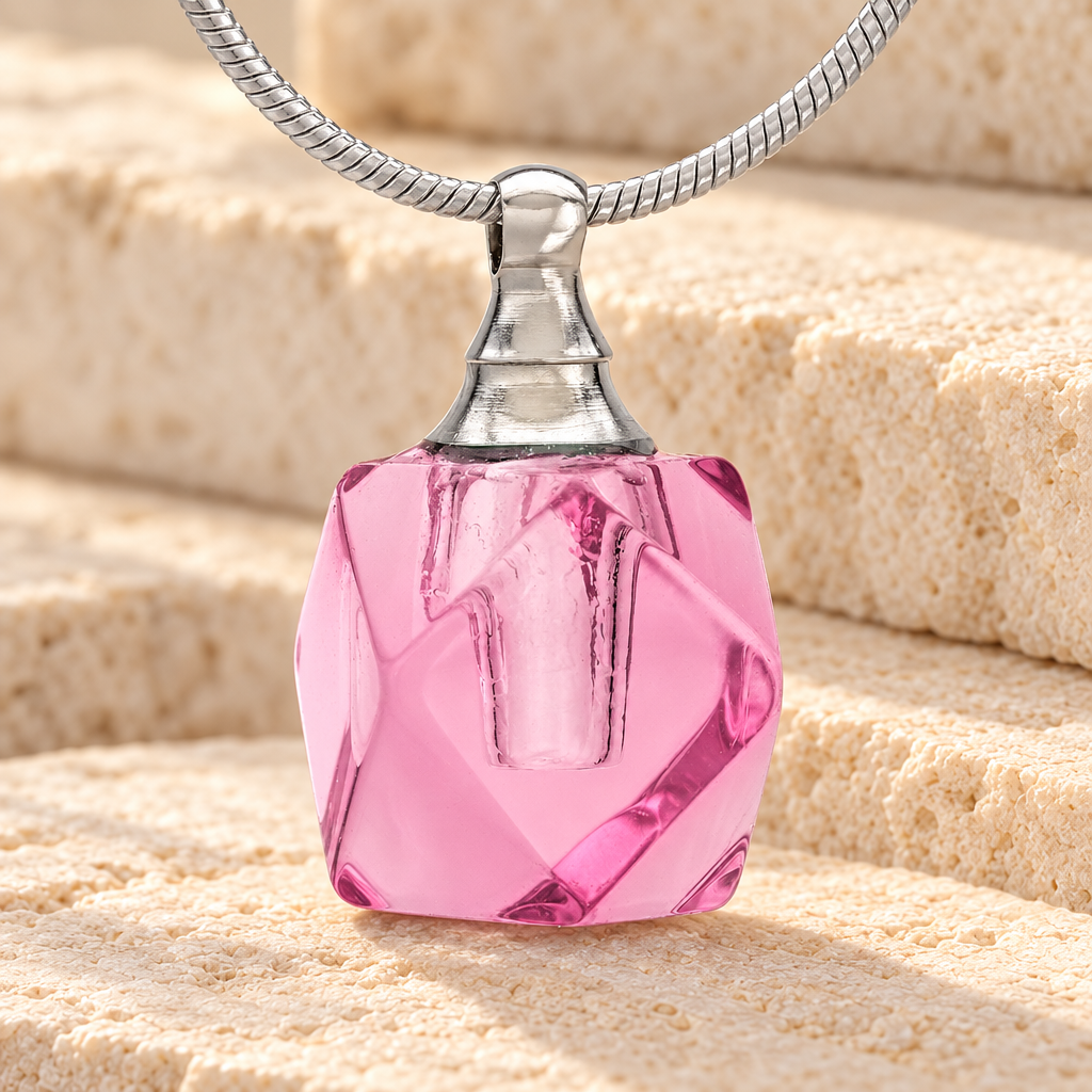 Glass Locket Pink Cubix Cremation Jewelry — main — evr2531p