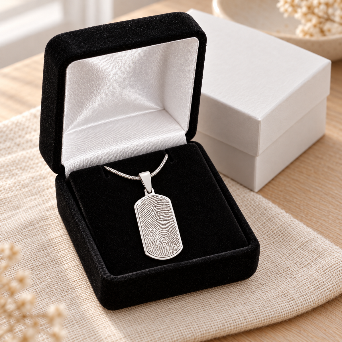 Solid 14k White Gold Dog Tag Fingerprint Necklace — gift box — evr4708wg
