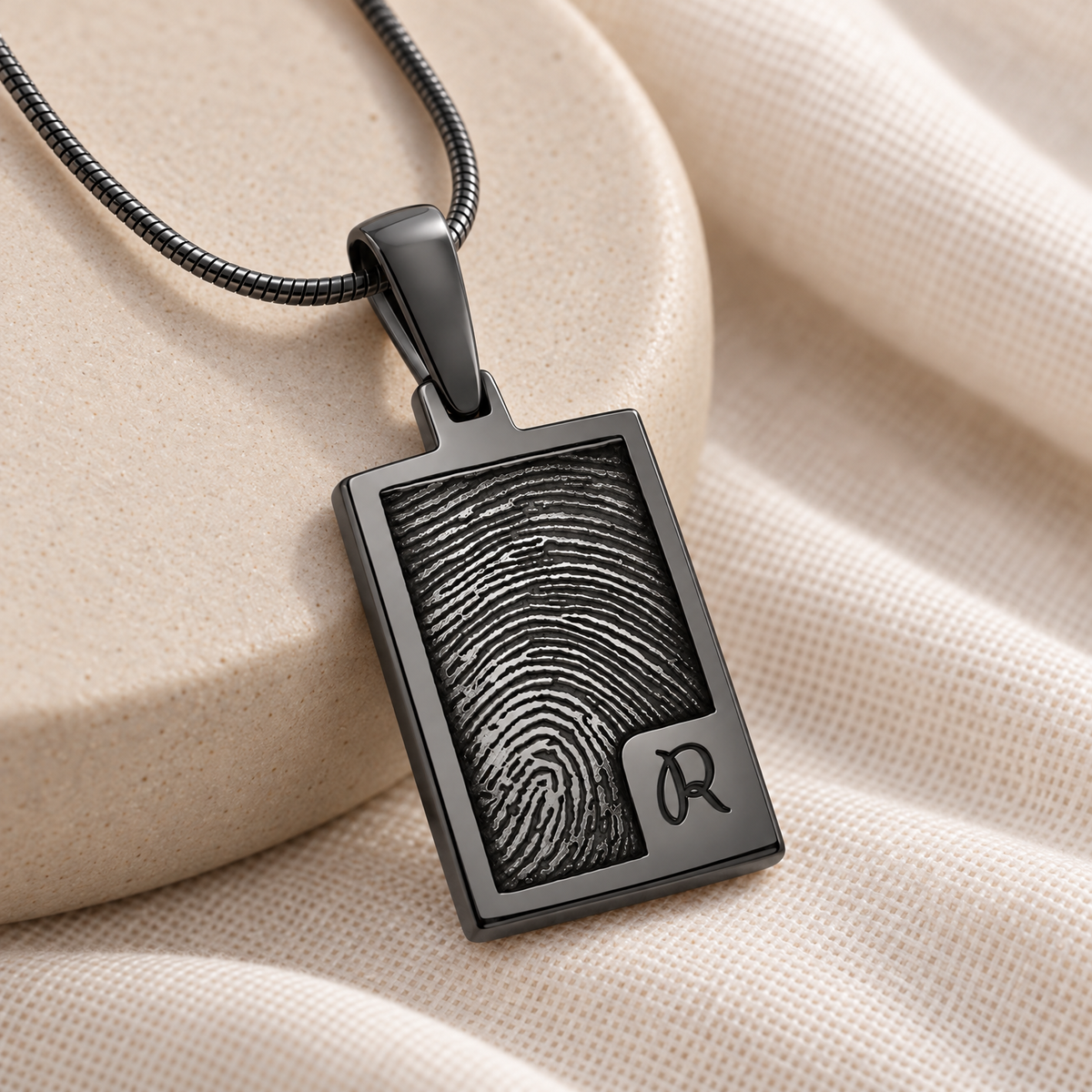 Black Plated Sterling Silver Simple Rectangle Fingerprint Necklace — alternate view — evr4828b